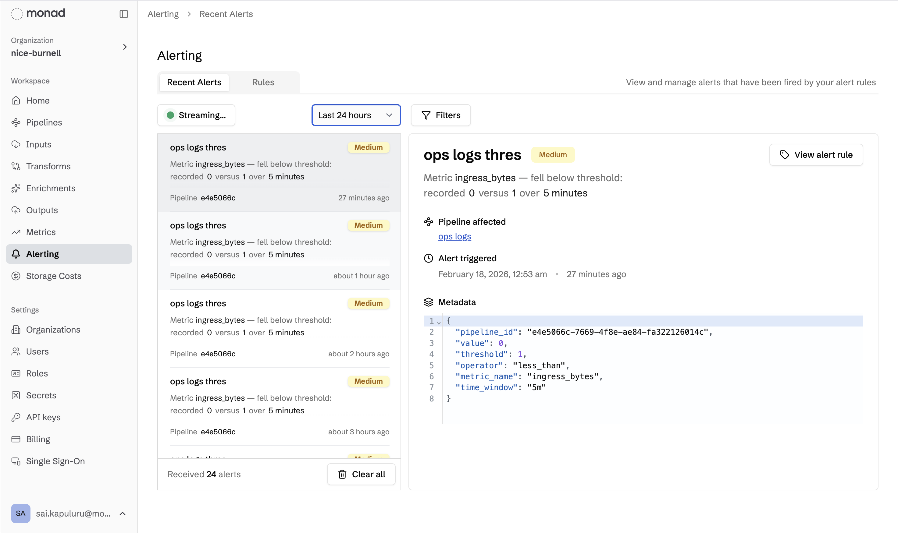 Live alert event stream showing recent alert firings with pipeline name, severity, and description