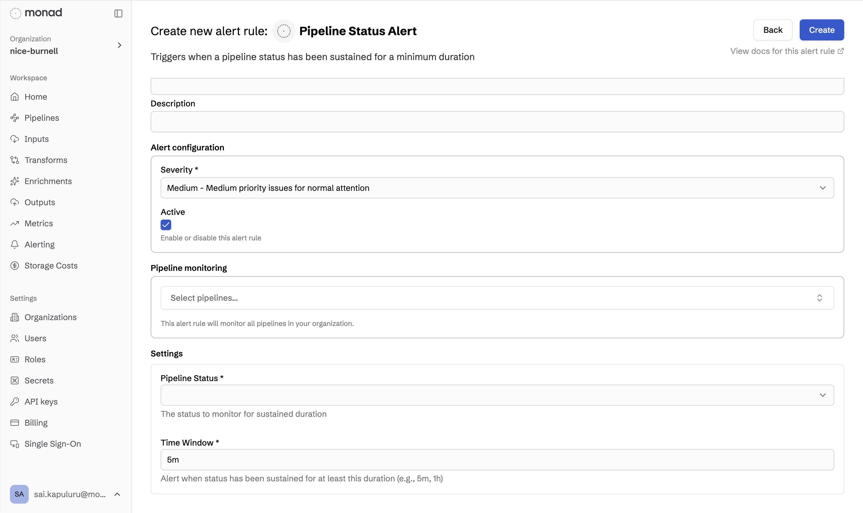 Alert rule configuration page showing rule type selection, condition settings, and pipeline scope